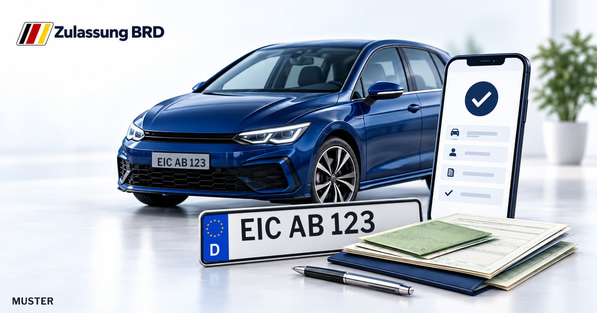 Online Fahrzeugzulassung in Heilbad Heiligenstadt: Musterkennzeichen EIC AB 123, Auto und Fahrzeugpapiere und Smartphone. Illustration mit Logo von Zulassung BRD.